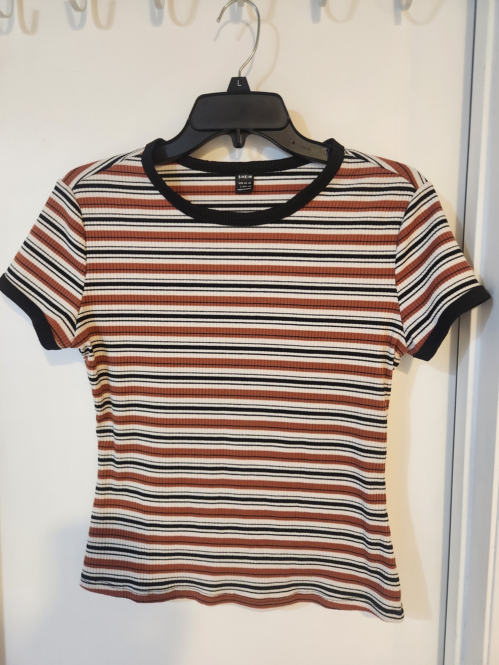 SHEIN Rust, Black and White Striped Ribbed Short Sleeve Tee